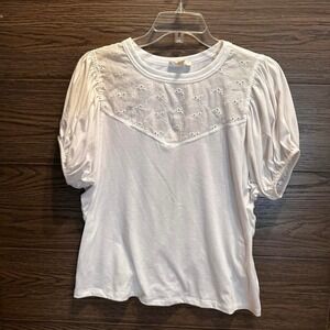 Womens White Boho Blouse Eyelet Lace Puff Shortsleeve Coquette